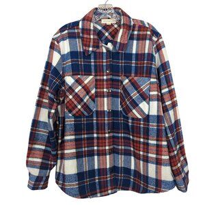 Eco Threads Plaid Flannel Women's Shirt Size L Blue Red White Snap Front soft